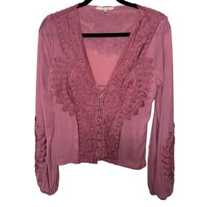Gimmicks by BKE  Lace Up Plunging Neck Long Sleeve Sheer Mesh Top Women's Medium